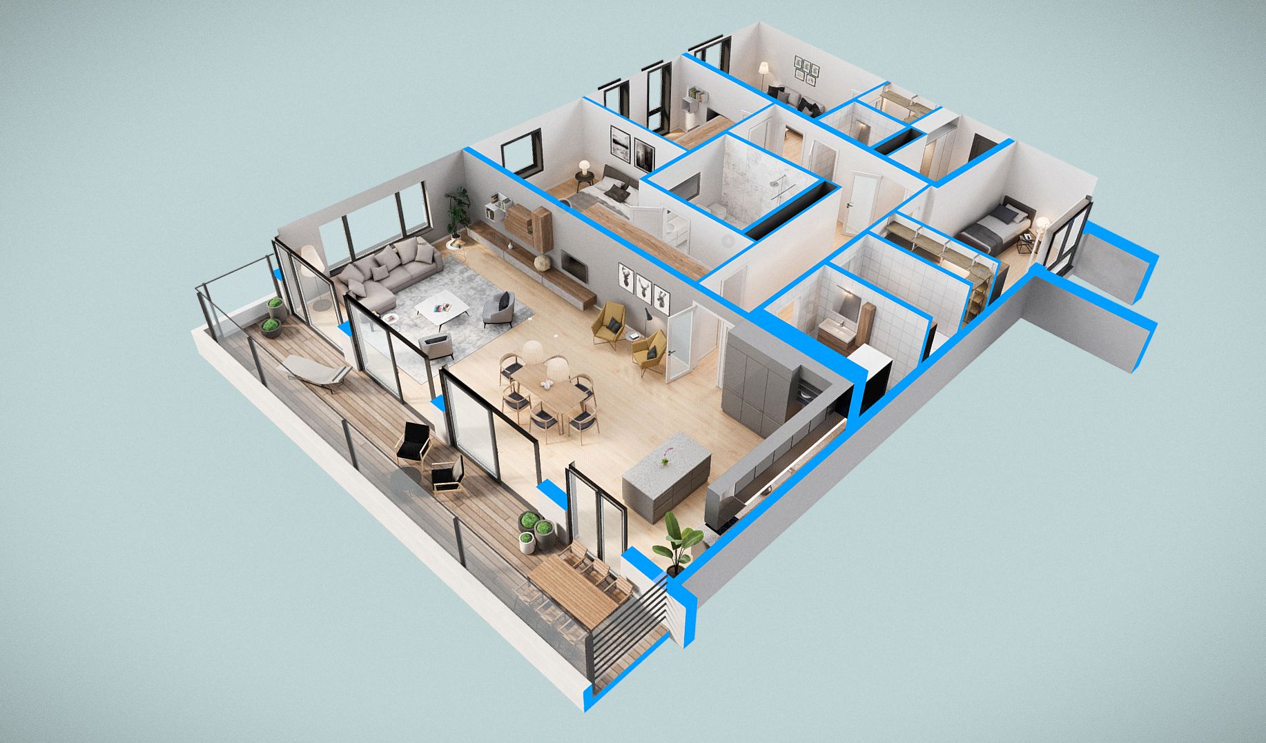 Top-down 3D floorplan of the entire apartment