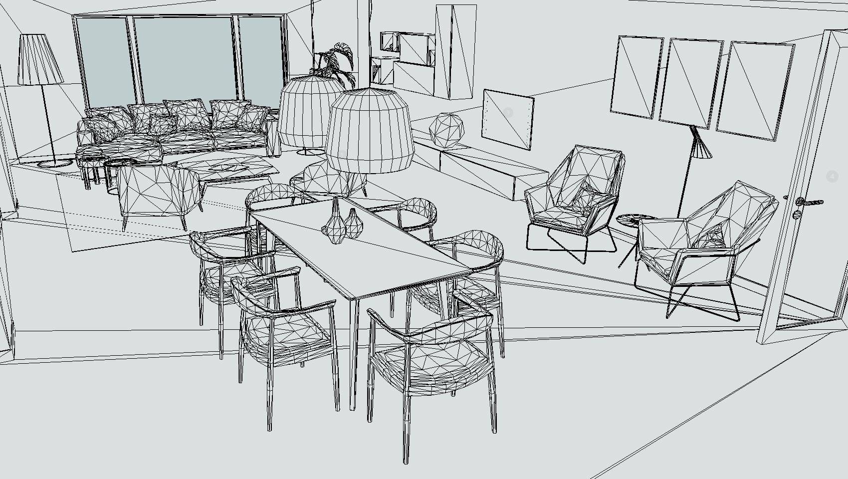 Wireframe sketch of interior furniture and layout